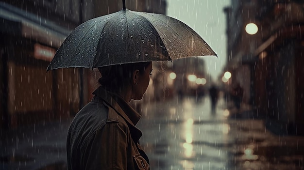 Una mujer se para bajo la lluvia con un paraguas bajo la lluvia.