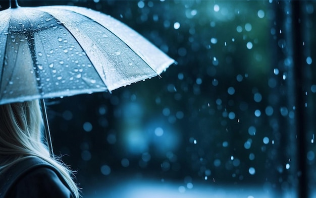 Mujer de la lluvia y paraguas para la protección de las gotas de agua Ai generado persona con cubierta de la tormenta