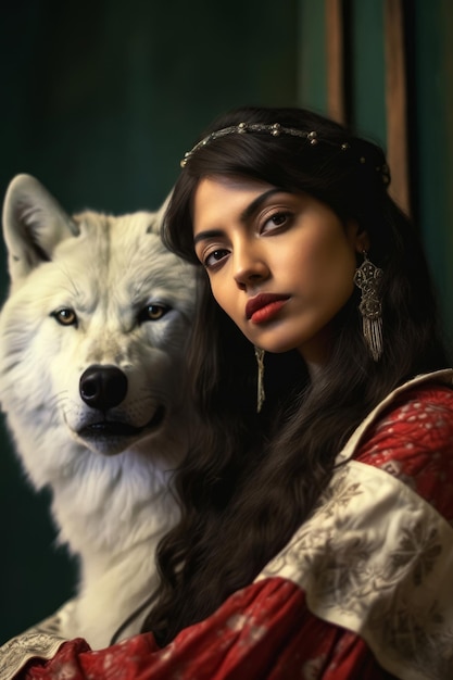 Una mujer y un lobo blanco.