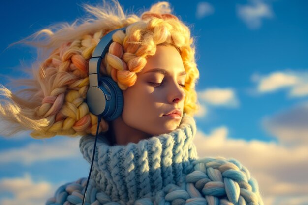 Mujer lofi joven con auriculares y ropa de invierno colorida con un fondo de cielo