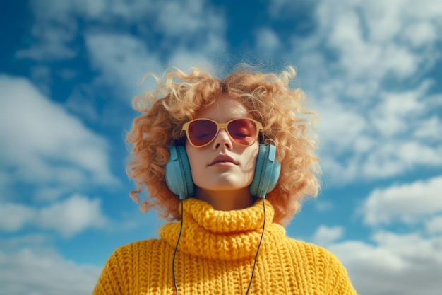 Mujer lofi joven con auriculares y ropa de invierno colorida con un fondo de cielo