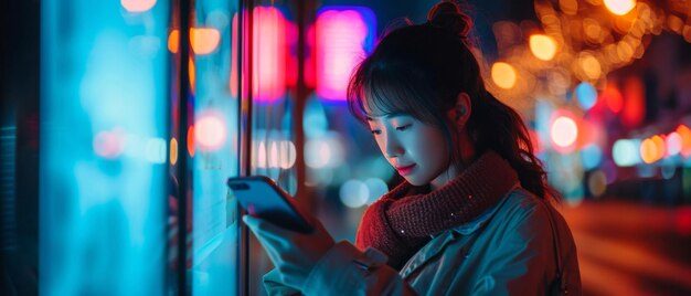 Mujer bajo luces de neón en la ciudad absorta en una aplicación móvil