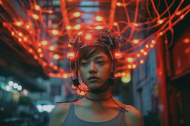 Una mujer con luces rojas en la cabeza de pie en un callejón