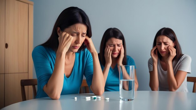 Una mujer luchando con problemas de salud Escena emocional en la mesa
