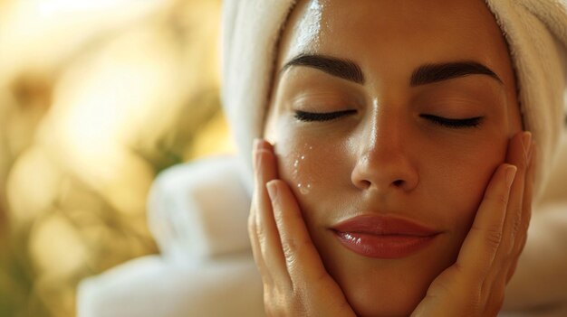 Mujer con lujosa toalla de spa en la cabeza retrato en primer plano sesión de masaje relajante Sensación de tranquilidad y anticipación experiencia calmante entorno de spa