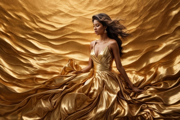 Foto una mujer con un lujoso vestido dorado un telón de fondo dorado lleno de encanto y lujo