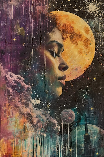 una mujer con una luna en el fondo