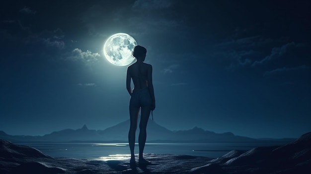 Mujer y luna llena en el desiertogenerativo ai
