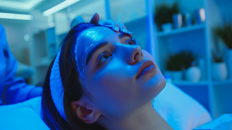 una mujer con una luz azul en el fondo está usando una luz azul