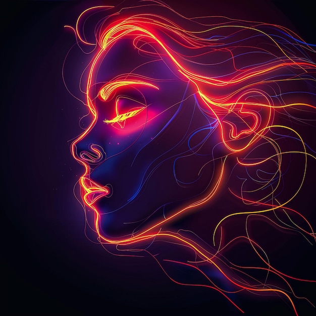 una mujer con una luz de neón azul y rosa en su cara
