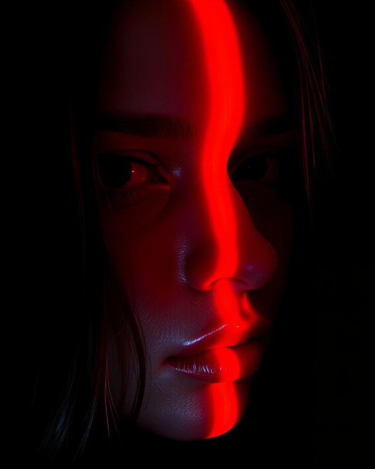 Mujer con luz roja en la cara en una foto cautivadora