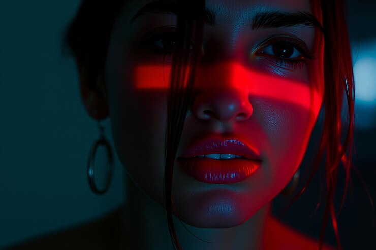Mujer con luz roja en la cara en una foto cautivadora