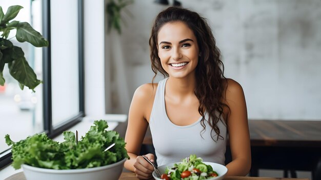 Foto mujer macedonia joven y feliz comiendo un concepto de ensalada saludable ai