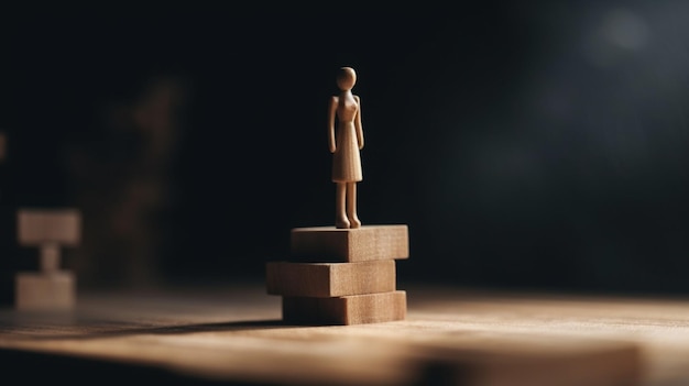 Mujer de madera de pie sobre un podio de madera Concepto de liderazgo y éxito
