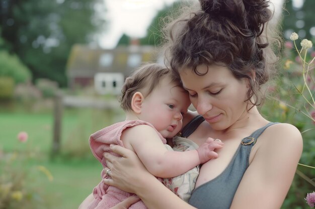 Foto la mujer madre abraza a su adorable bebé en la naturaleza florece concepto del día de la madre