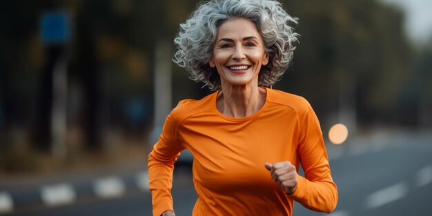 Mujer madura abrazando a Traincore alegremente corriendo por el camino