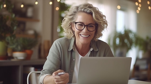 Mujer madura alegre con gafas usando una computadora portátil en una casa generativa.