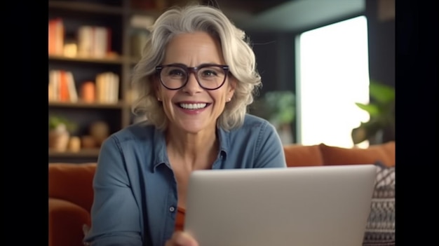 Mujer madura alegre con gafas usando una computadora portátil en una casa generativa.