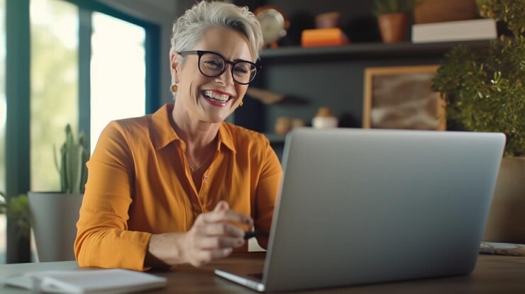 Mujer madura alegre con gafas usando una computadora portátil en una casa generativa.