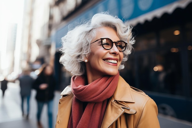 Mujer madura atractiva feliz en la ciudad