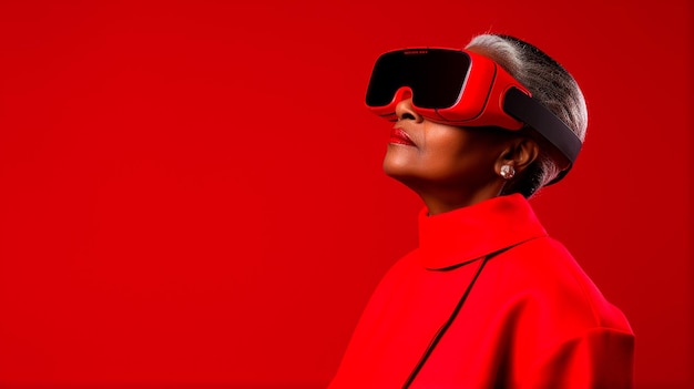 mujer madura en auriculares VR con pantalla roja aislada sobre rojo