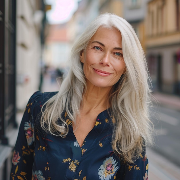 Una mujer madura de cabello blanco sonriente posando con ropa casual