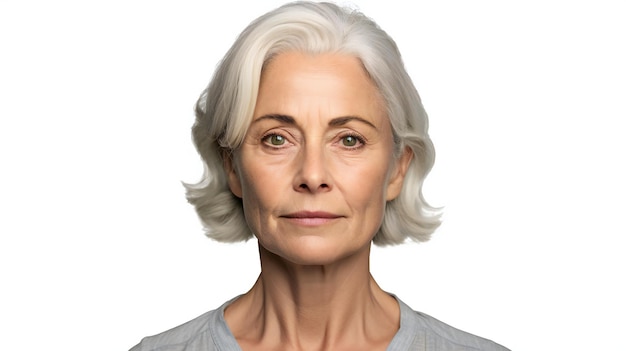 Mujer madura con cabello gris mirando a la cámara aislada en blanco