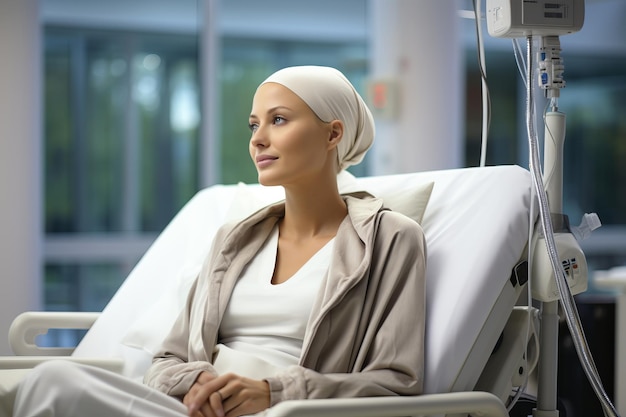 Mujer madura calva sonriendo en la cama de un hospital contra el cáncer