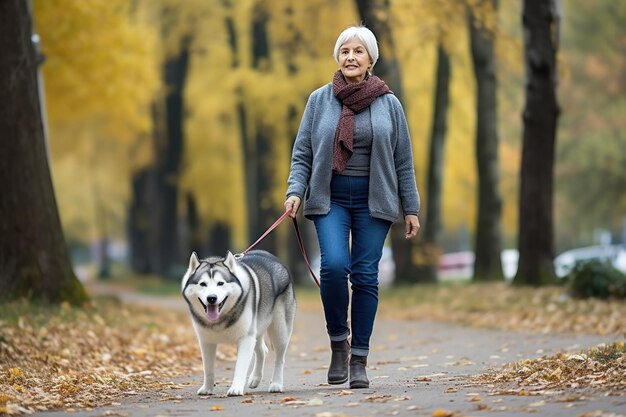 Mujer madura caminando perro obediente llevado en la correa en la carretera cubierta de hojas a lo largo del parque de la ciudad de otoño