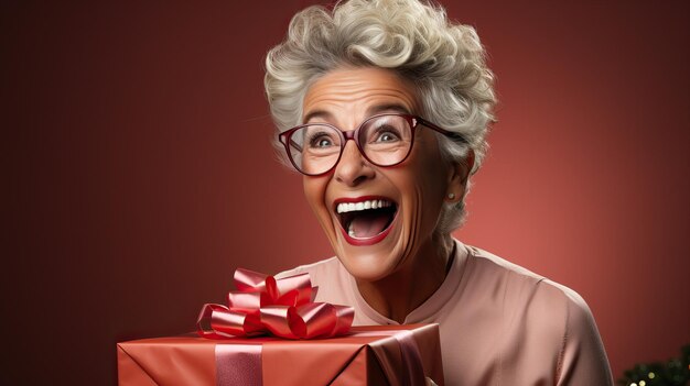 Una mujer madura celebra un feliz regalo en el Día de la Mujer