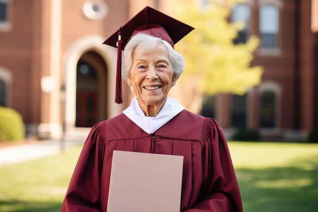 Mujer madura celebrando el día de la graduación con el diploma en la mano