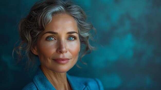 Mujer madura elegante con cabello plateado, sonrisa suave y expresión serena, retrato sobre un fondo azul borroso AI