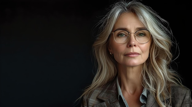 Mujer madura elegante con gafas posa en el estudio confianza y sabiduría en sus ojos retrato profesional AI