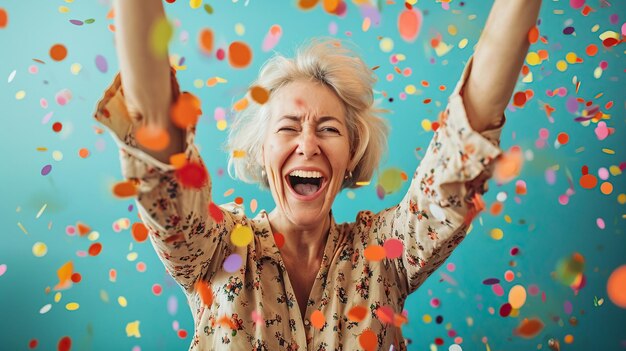 Una mujer madura emocionada celebra con confeti.
