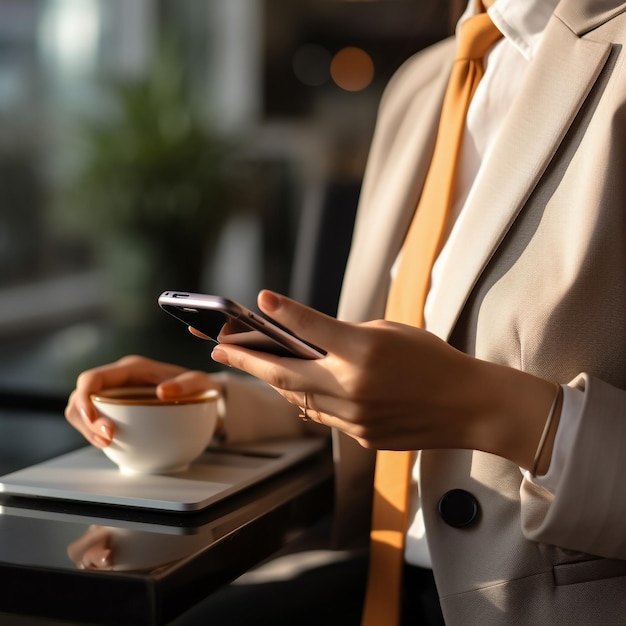Una mujer madura está sentada en una cafetería y se relaja bebiendo café y usando una tableta digital.