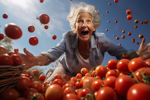 Mujer madura eufórica en un país de las maravillas del tomate