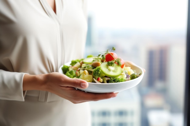 Una mujer madura exuda orgullo mientras sostiene un plato con una saludable porción de ensalada de verduras