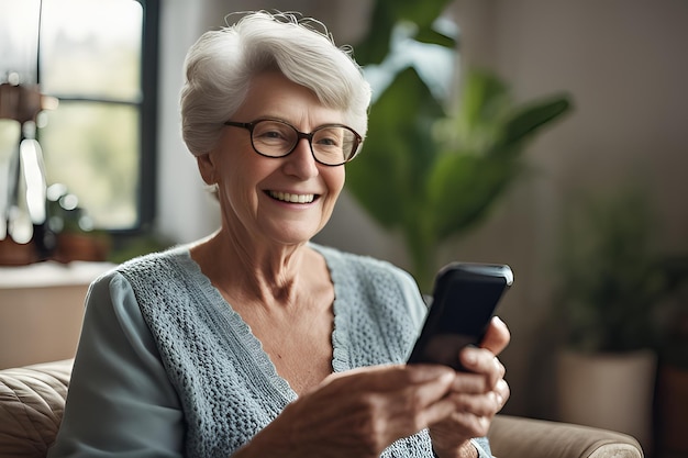 Mujer madura feliz de 60 años con teléfono inteligente usando una aplicación de teléfono móvil Tecnología de comunicación y concepto de personas mujer anciana feliz con teléfono inteligente en casa