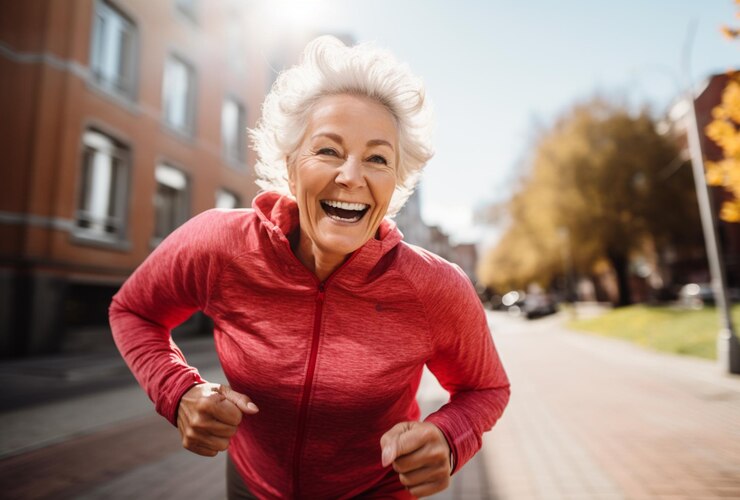 Mujer madura feliz haciendo ejercicio por la mañana