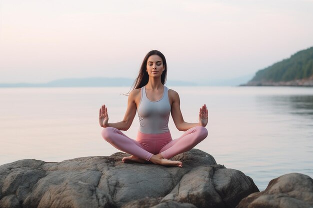 Mujer madura feliz por la mañana ejercicio de yoga al aire libre