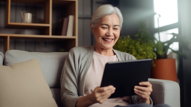 Una mujer madura feliz sentada en un sofá en su casa usando una tableta digital AI generativa AIG21