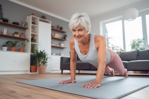 Foto mujer madura en forma haciendo ejercicios en casa