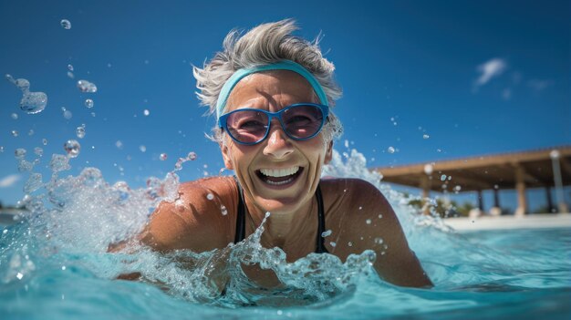 Mujer madura con gafas de natación, agua azul, ejercicio de expresión centrado en el agua.