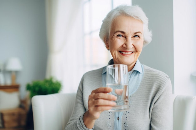 Mujer madura se hidrata con un vaso de agua