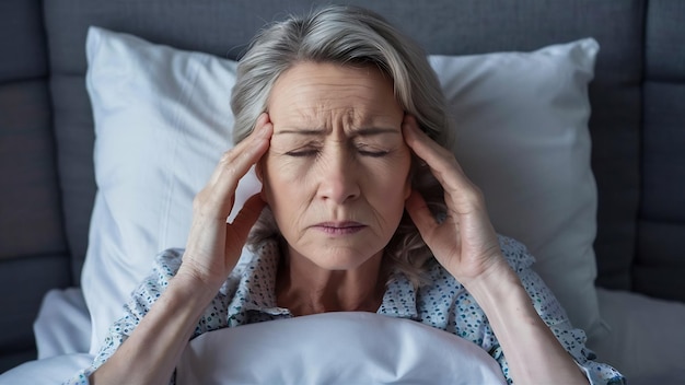 Mujer madura infeliz y agotada con los ojos cerrados acostada en la cama tocando las sienes cerca de Fema cansada