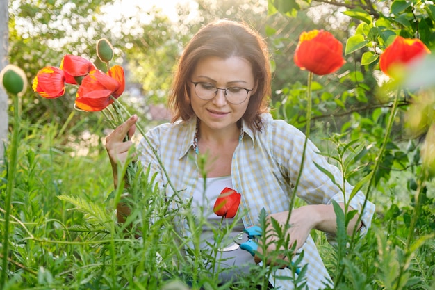 Mujer madura en el jardín de primavera corte ramo de amapolas rojas