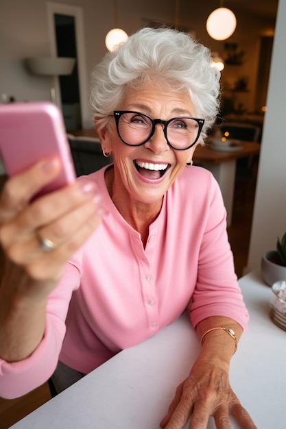 Mujer madura jubilada feliz con gafas elegantes tomando una foto selfie en un teléfono inteligente