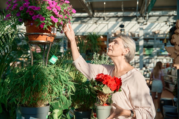 mujer madura, el mirar, flores, en, un, floristería