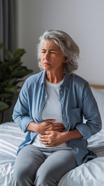 Foto mujer madura no saludable que sostiene el vientre sintiendo incomodidad concepto de problema de salud mujer mayor infeliz