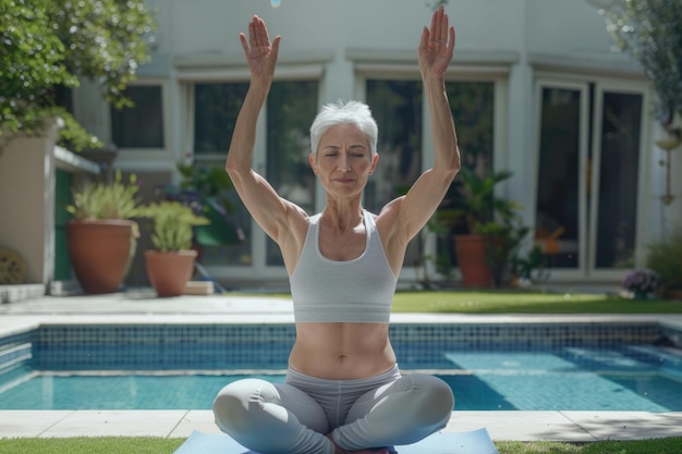 Mujer madura en postura de yoga junto a la piscina